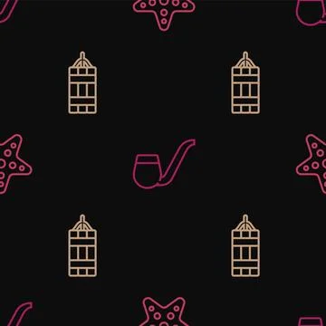 Set line Starfish, Dynamite bomb and Smoking pipe on seamless pattern. Vector Stock Illustration