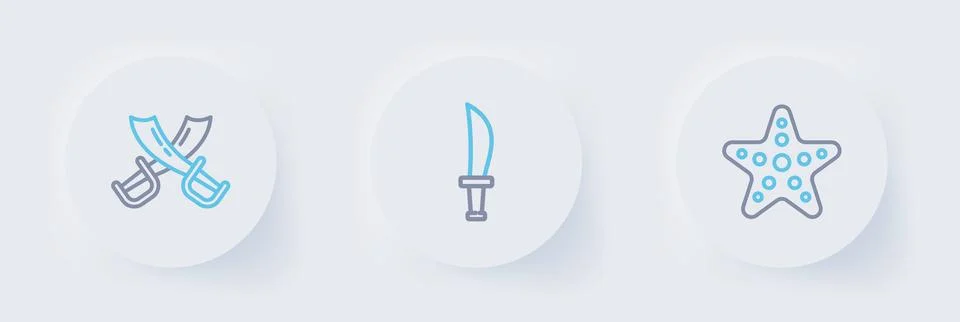 Set line Starfish, Pirate sword and Crossed pirate swords icon. Vector Stock Illustration
