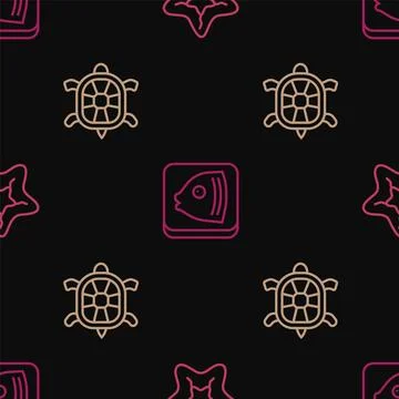 Set line Starfish, Turtle and Fish head on seamless pattern. Vector Illustrazione stock