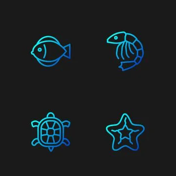 Set line Starfish, Turtle, Fish and Shrimp. Gradient color icons. Vector Stock Illustration