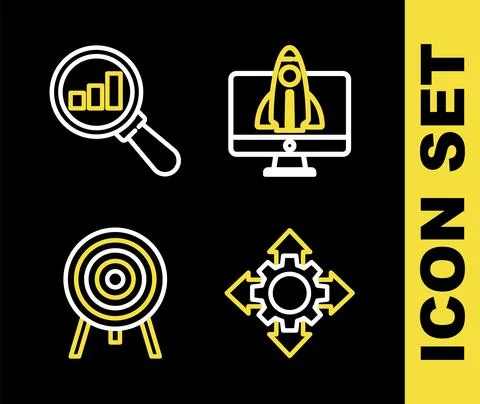 Set line Startup project concept, Project team base, Target and Magnifying glass Stock Illustration