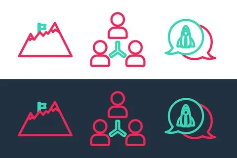 Set line Startup project concept, Mountains with flag and Project team base icon Illustrazione stock