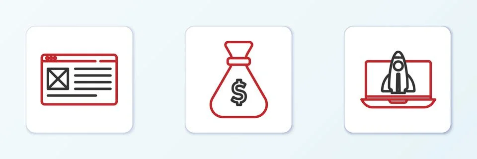 Set line Startup project concept, Browser window and Money bag icon. Vector イラスト素材