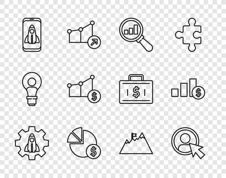 Set line Startup project concept, Create account screen, Magnifying glass and Illustrazione stock