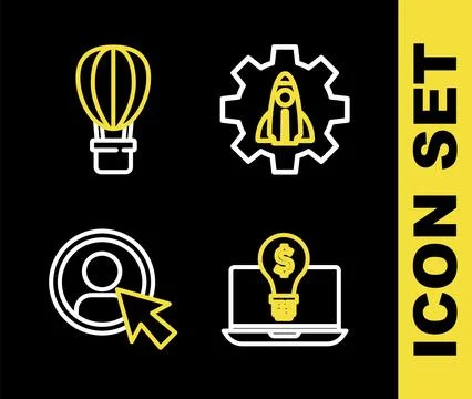 Set line Startup project concept, Light bulb with dollar laptop, Create account Illustrazione stock