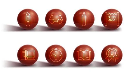 Set line Stationery knife, Computer monitor, Abacus, Open book, Clock, Glasses Stock Illustration