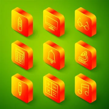 Set line Stationery knife, Computer monitor screen, Glasses, Calculator, Ringing 库存插图