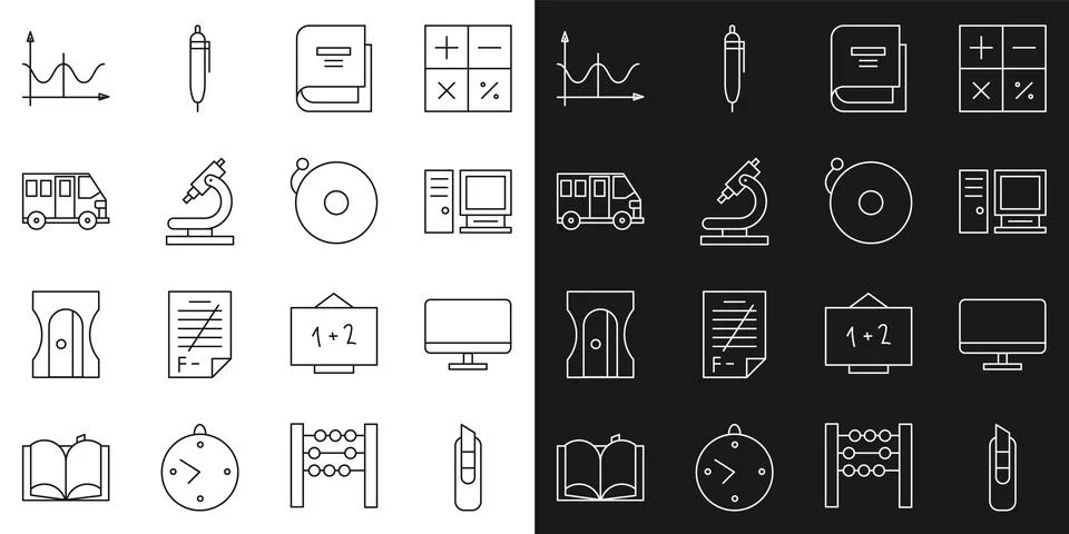 Set line Stationery knife, Computer monitor screen, Book, Microscope, School Bus Stock Illustration