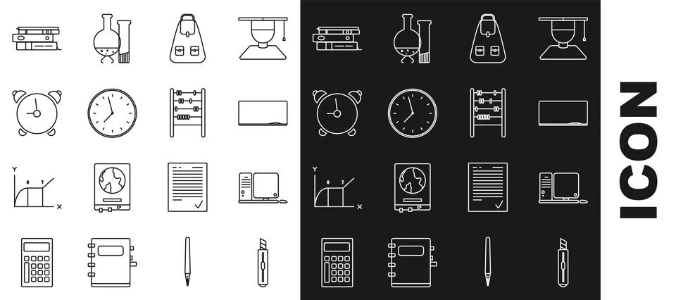 Set line Stationery knife, Computer monitor with keyboard and mouse, Chalkb.. 스톡 일러스트