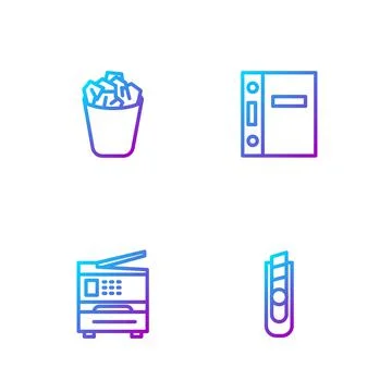 Set line Stationery knife, Printer, Full trash can and Office folders. Gradient Ilustración de archivo