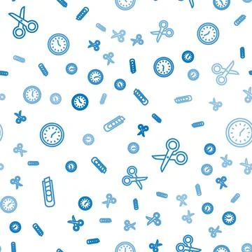 Set line Stationery knife, Scissors and Clock on seamless pattern. Vector Stock Illustration