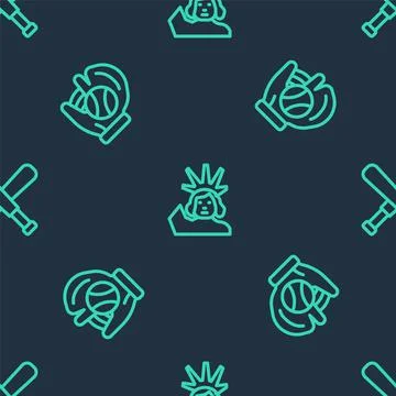 Set line Statue of Liberty, Baseball glove with ball and Crossed baseball bat on Illustrazione stock