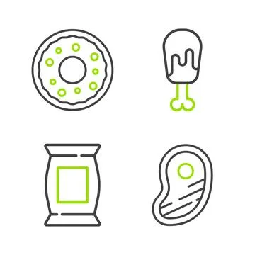 Set line Steak meat, Bag or packet potato chips, Chicken leg and Donut icon.. Stock Illustration