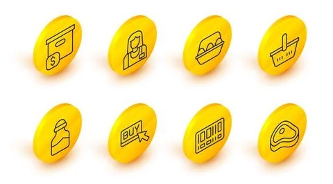 Set line Steak meat, Barcode, Buy button, Spice in can, Shopping basket, Chicken Illustrazione stock