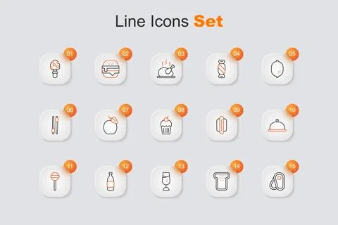 Set line Steak meat, Bread toast, Wine glass, Bottle of wine, Lollipop, Cov.. Illustrazione stock