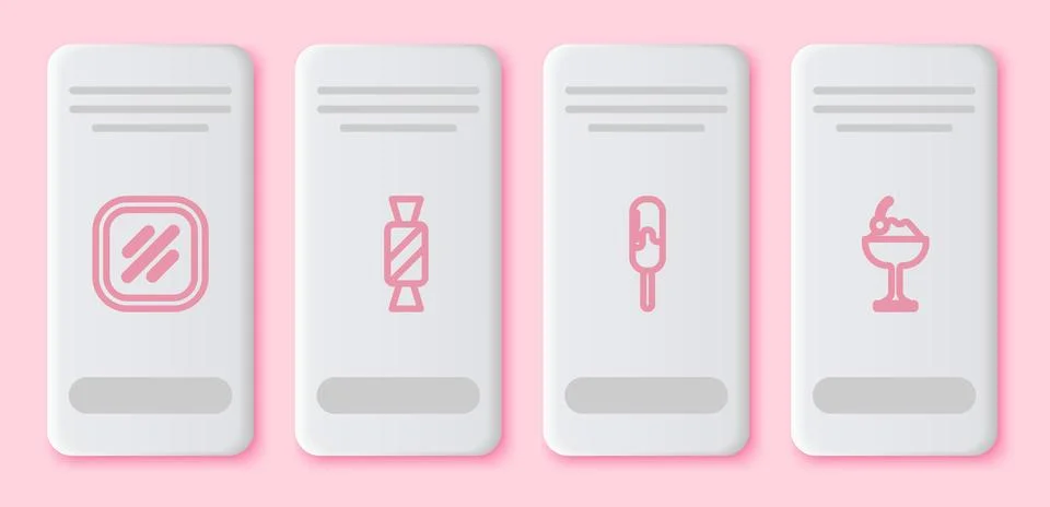 Set line Steak meat, Candy, Ice cream and in bowl. White rectangle button イラスト素材