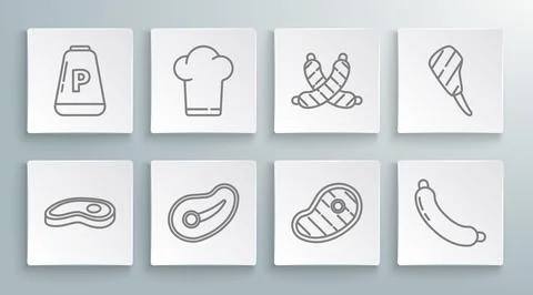 Set line Steak meat, Chef hat, Sausage, Crossed sausage, Rib eye steak and .. Stock Illustration