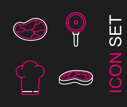 Set line Steak meat, Chef hat, Frying pan and  icon. Vector Stock Illustration