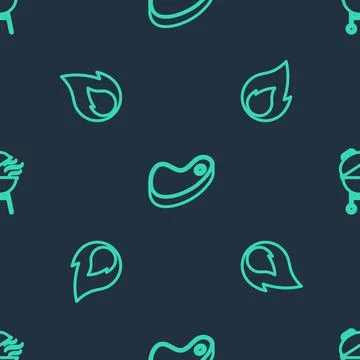 Set line Steak meat, Fire flame and Barbecue grill on seamless pattern. Vector 스톡 일러스트