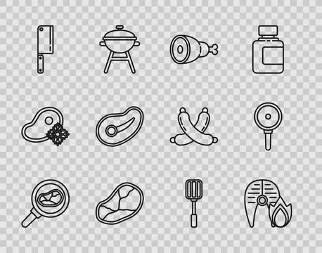 Set line Steak meat in frying pan, Grilled fish steak and fire flame, Chick.. Stock Illustration