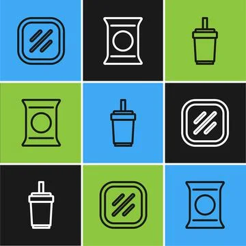 Set line Steak meat, Paper glass with straw and Bag or packet potato chips icon Stock Illustration