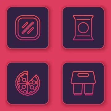 Set line Steak meat, Pizza, Bag or packet potato chips and Coffee cup go. Blue Stock Illustration