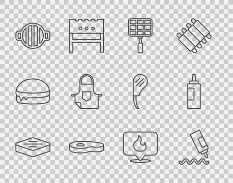 Set line Steak meat, Sauce bottle, Barbecue steel grid, grill, Kitchen apro.. Stock Illustration