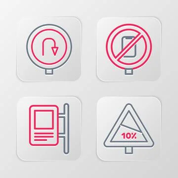 Set line Steep ascent and descent road, Road traffic sign, No cell phone and Stock Illustration