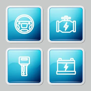Set line Steering wheel, Check engine, Car key with remote and battery icon Stock Illustration