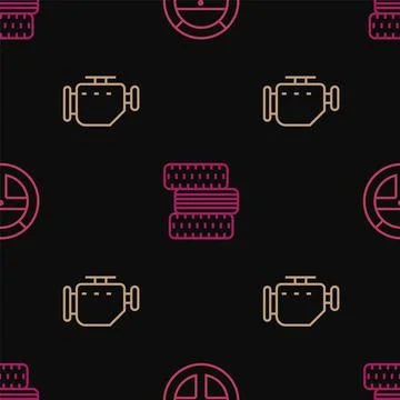 Set line Steering wheel, Check engine and Car tire on seamless pattern. Vector Stock Illustration