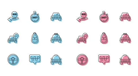 Set line Steering wheel, Map pointer with taxi, Hand on map, Taxi car, Car key 스톡 일러스트