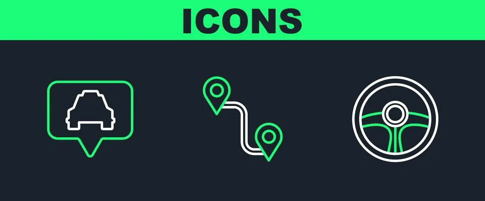 Set line Steering wheel, Map pointer with taxi and Route location icon. Vecto Illustrazione stock