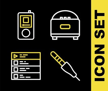 Set line Stereo speaker, Audio jack, Music playlist and player icon. Vector Stock Illustration