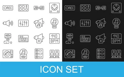 Set line Stereo speaker, Bitrate, Pause button, Music note, tone, Sound mix.. イラスト素材