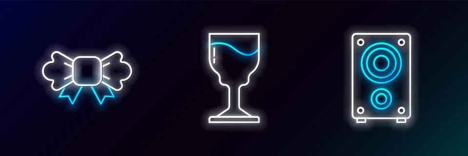 Set line Stereo speaker, Bow tie and Wine glass icon. Glowing neon. Vector Stock Illustration