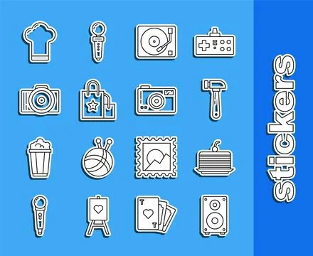 Set line Stereo speaker, Cake, Hammer, Vinyl player with vinyl disk, Paper .. Stock Illustration