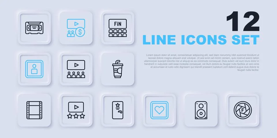 Set line Stereo speaker, Camera shutter, Cinema auditorium with screen, Lik.. Stock Illustration