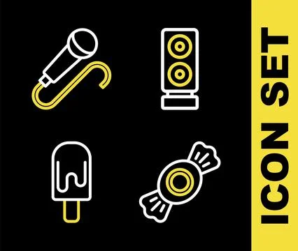 Set line Stereo speaker, Candy, Ice cream and Microphone icon. Vector Stock Illustration