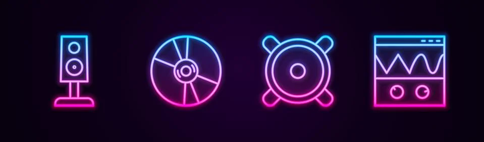 Set line Stereo speaker, CD or DVD disk, and Oscilloscope. Glowing neon icon Illustrazione stock