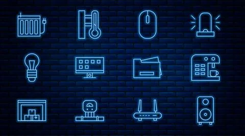 Set line Stereo speaker, Coffee machine, Computer mouse, Smart Tv, Light bulb Stock Illustration