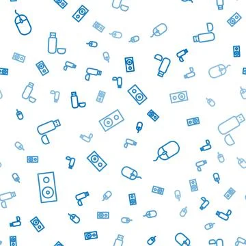Set line Stereo speaker, Computer mouse and USB flash drive on seamless pattern Illustrazione stock