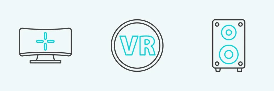 Set line Stereo speaker, Computer monitor and Virtual reality glasses icon Stock Illustration