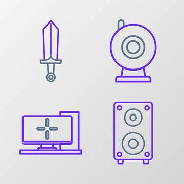 Set line Stereo speaker, Computer monitor, Web camera and Sword for game ic.. Stock Illustration