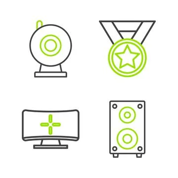 Set line Stereo speaker, Computer monitor, Medal and Web camera icon. Vector Stock Illustration