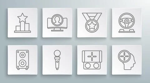 Set line Stereo speaker, Create account screen, Joystick for arcade machine Illustrazione stock