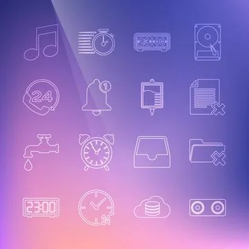 Set line Stereo speaker, Delete folder, file document, Retro flip clock, Bell Stock Illustration