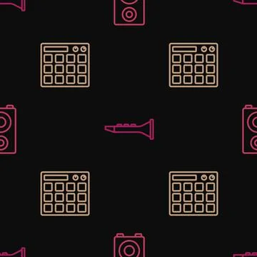 Set line Stereo speaker, Drum machine and Clarinet on seamless pattern. Vector Stock Illustration