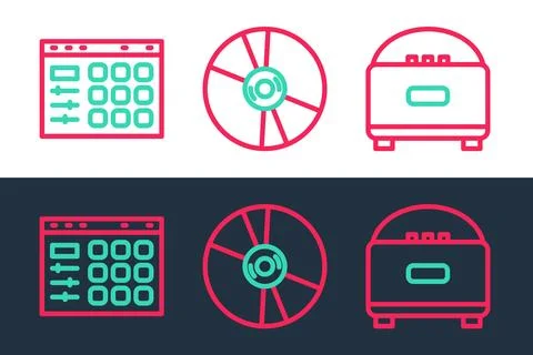 Set line Stereo speaker, Drum machine and CD or DVD disk icon. Vector Illustrazione stock