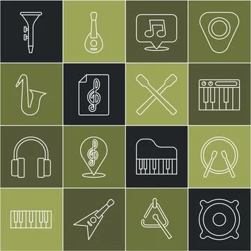 Set line Stereo speaker, Drum and drum sticks, Music synthesizer, note, ton.. Stock Illustration