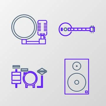 Set line Stereo speaker, Drums, Banjo and Microphone icon. Vector Stock Illustration